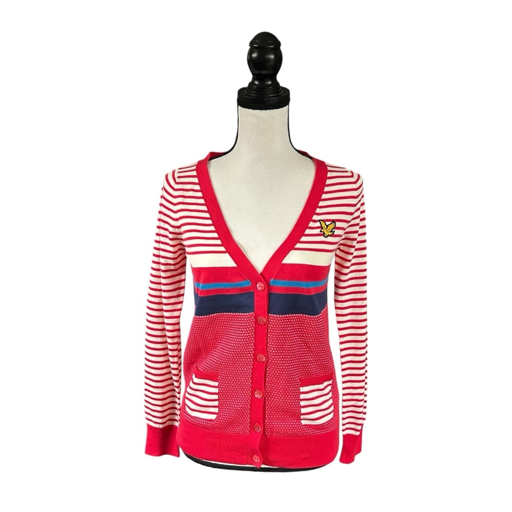 VTG Lyle & Scott Striped Cardigan Red White Blue Gold Eagle Pima Cotton Preppy S